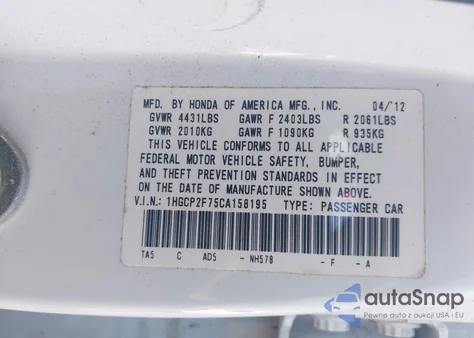 2012 Honda Accord 2.4 Ex from USA, damaged, VIN 1HGCP2F75CA158195